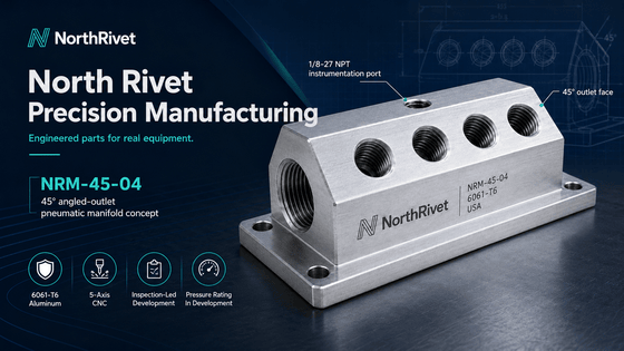 North Rivet NRM-45-04 45 degree angled-outlet pneumatic manifold concept rendering